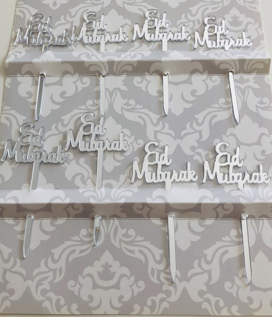Cupcake prikkers Eid Mubarak zilver (8 stuks)