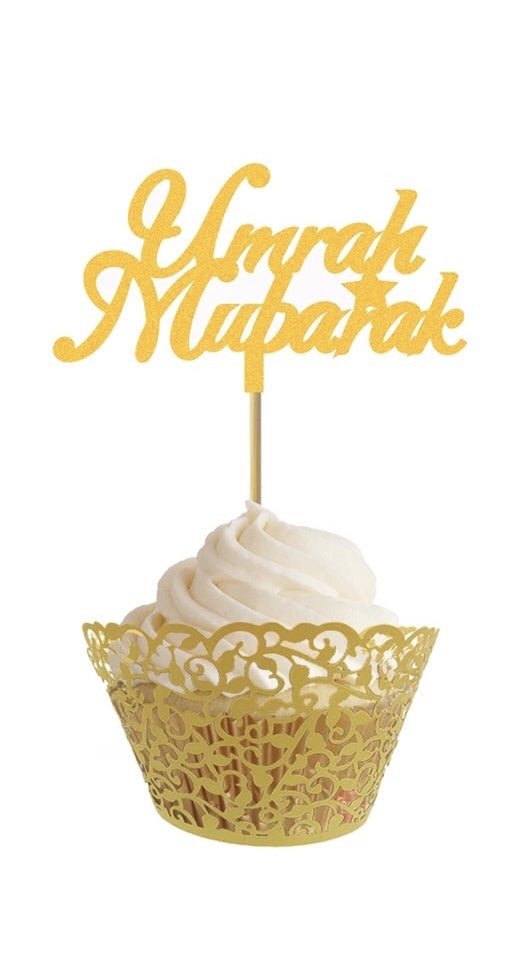 Umrah Mubarak Cupcake prikkers goud